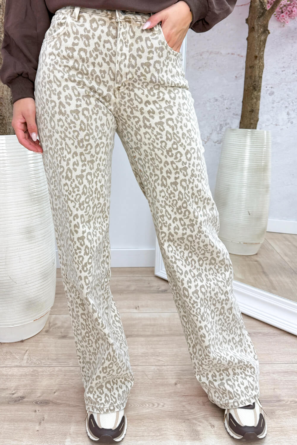 Leopard dad fit full length jeans - Beige