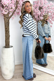 Striped zipper trui - Sky blue