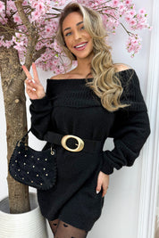 Off shoulder knitted dress - Zwart