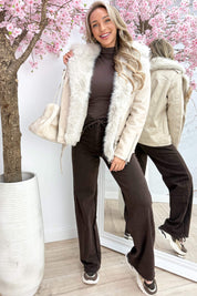Furry leather look jacket - Beige