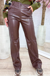 Leather look straight leg pants - Brown