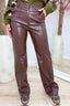 Leather look straight leg pants - Brown