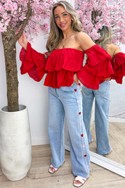 Boho cotton off shoulder topje - Rood