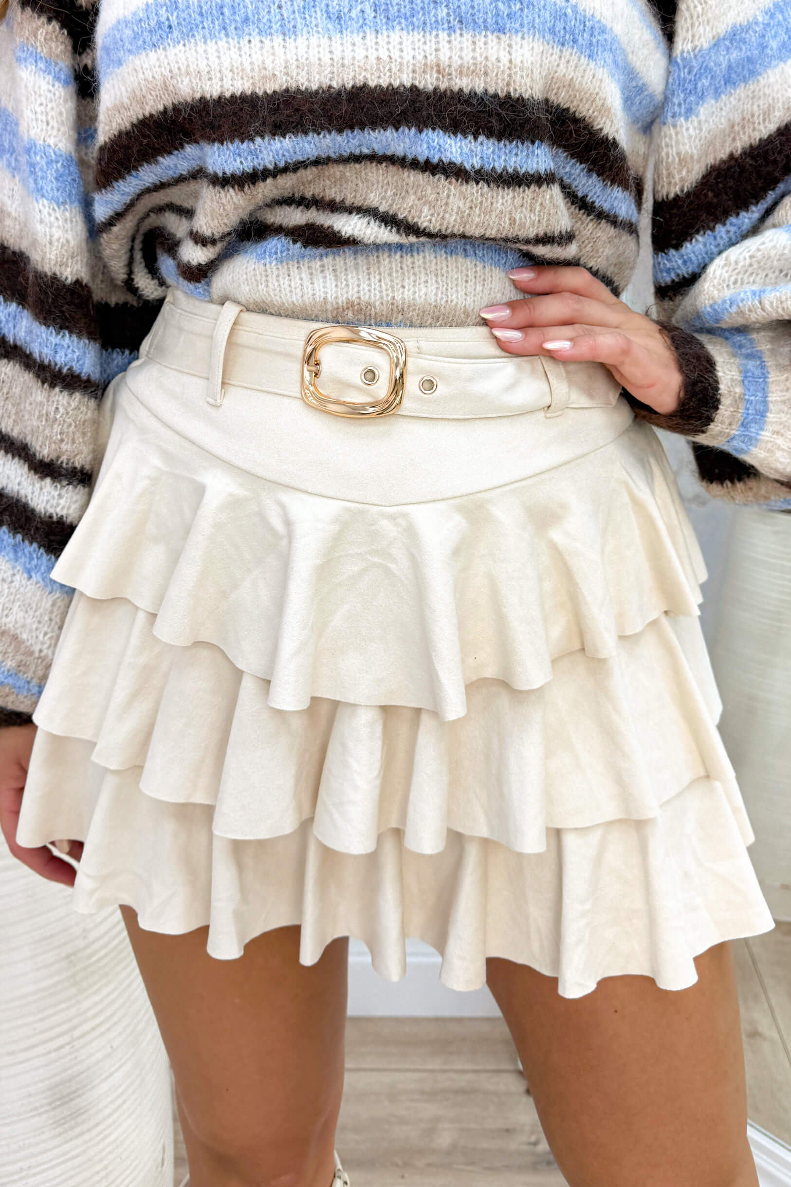 Belted suede look layered skort - Beige