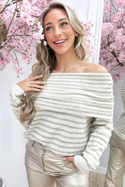Off shoulder stripe trui - Beige