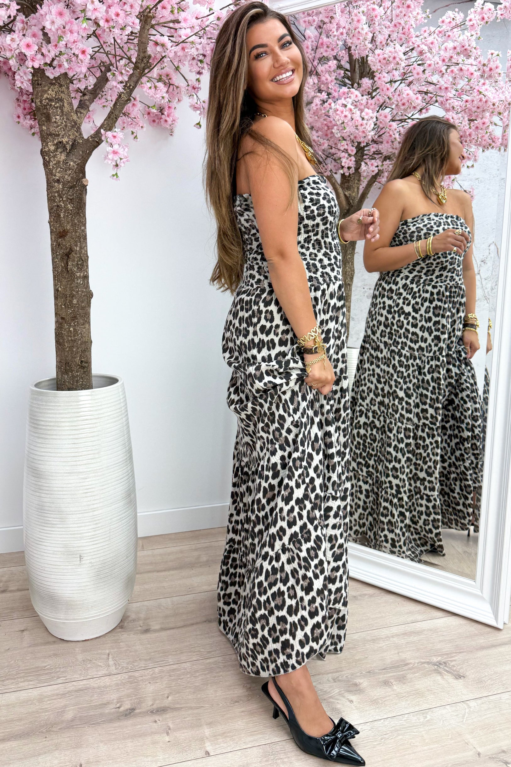 Robe maxi de coton Léopard Strappless - beige