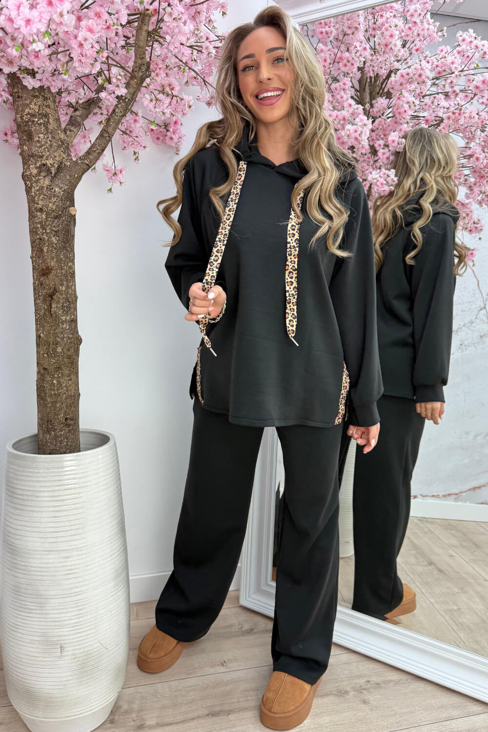 Leopard details comfy co-ord - Zwart