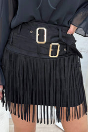 Belted suede look fringe skirt - Zwart