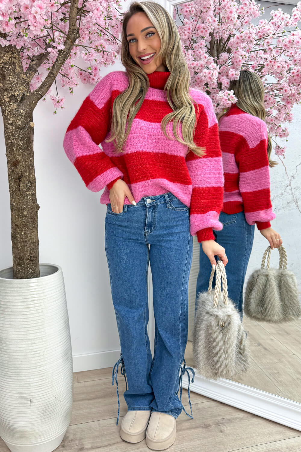 Snow is falling stripe coll trui - Fuchsia