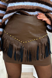Leather look studded fringe skort - Bruin