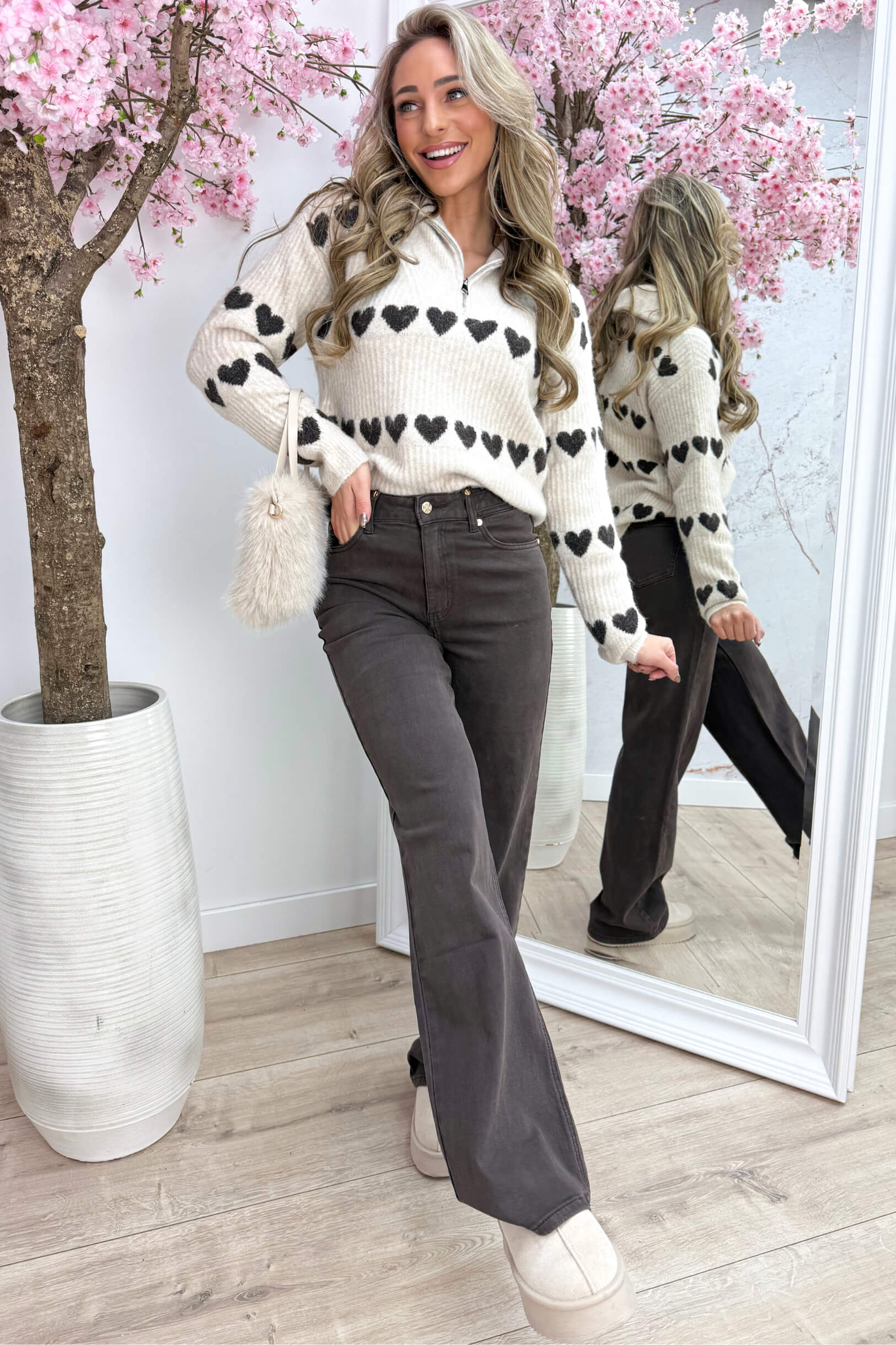 Hearts zipper trui - Beige