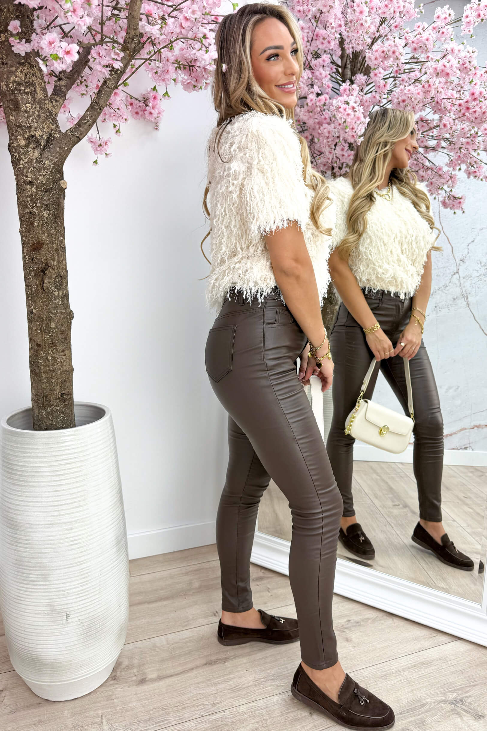 Sparkling feather topje - Lt. beige