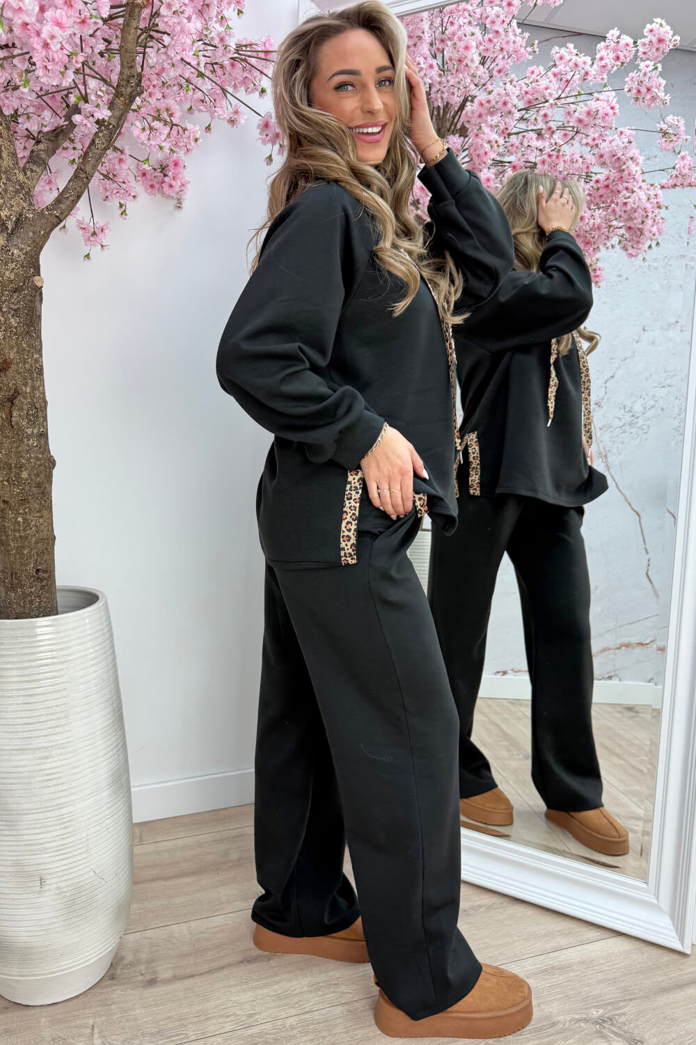 Leopard details comfy co-ord - Zwart