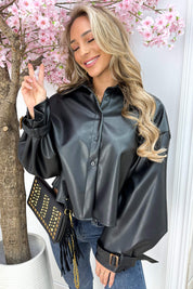 On trench leather look blouse - Zwart