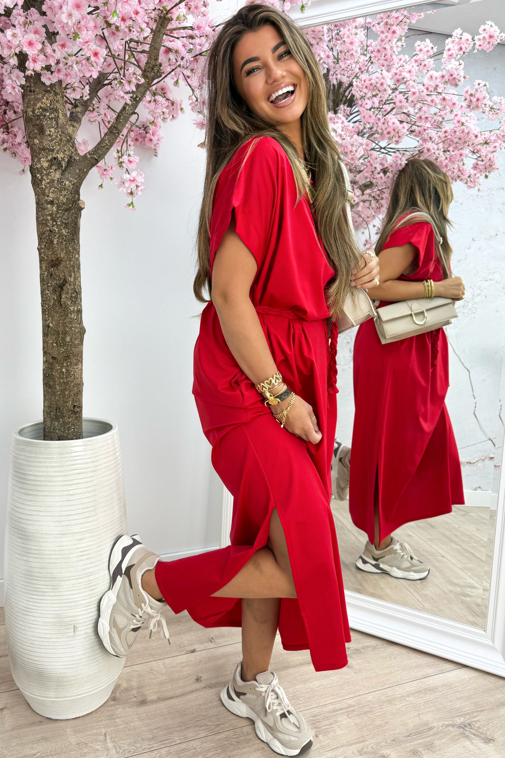Braided belted split dress - Rood