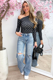 Polkadot essential off shoulder topje - Zwart