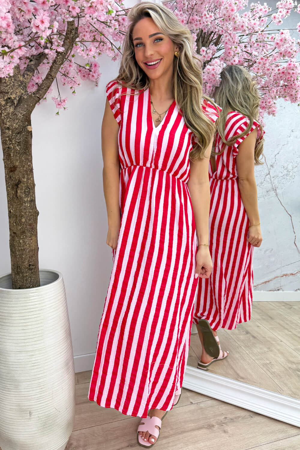 Striped cotton ruffle dress - Lollypop roze