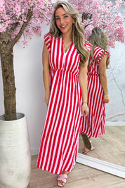 Striped cotton ruffle dress - Lollypop roze