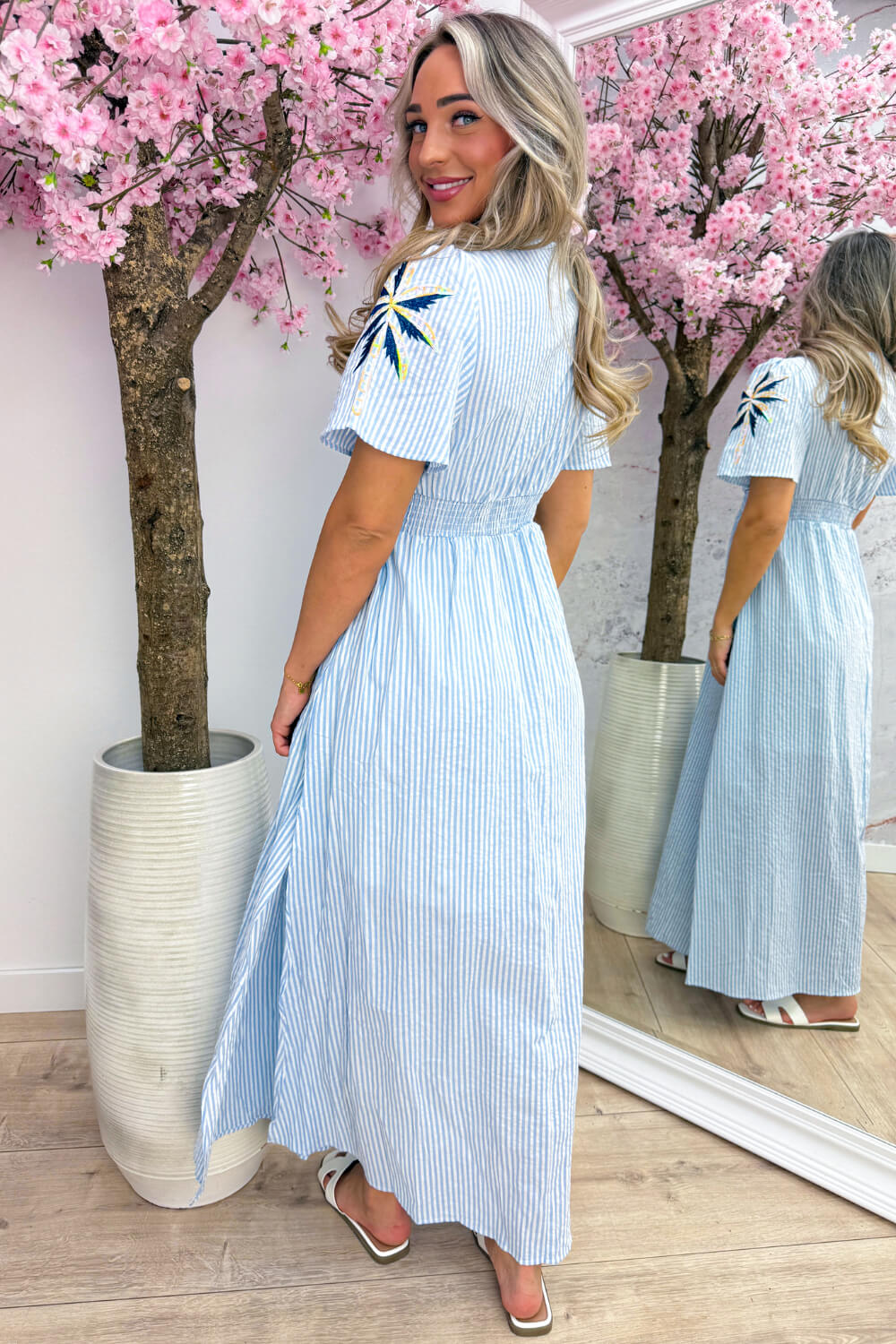 Glitter stripe palm tree maxi dress - Sky blue