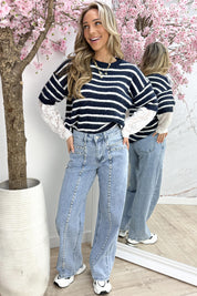 Lace stripe trui - Navy