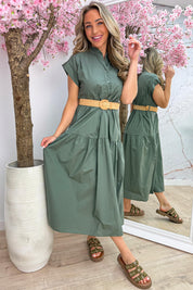 Cotton elegance maxi dress (Incl. riem) - Army