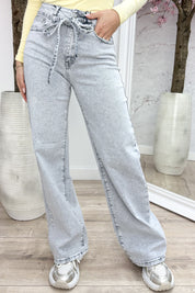 Tie and shine wide leg jeans - Lt. grijs