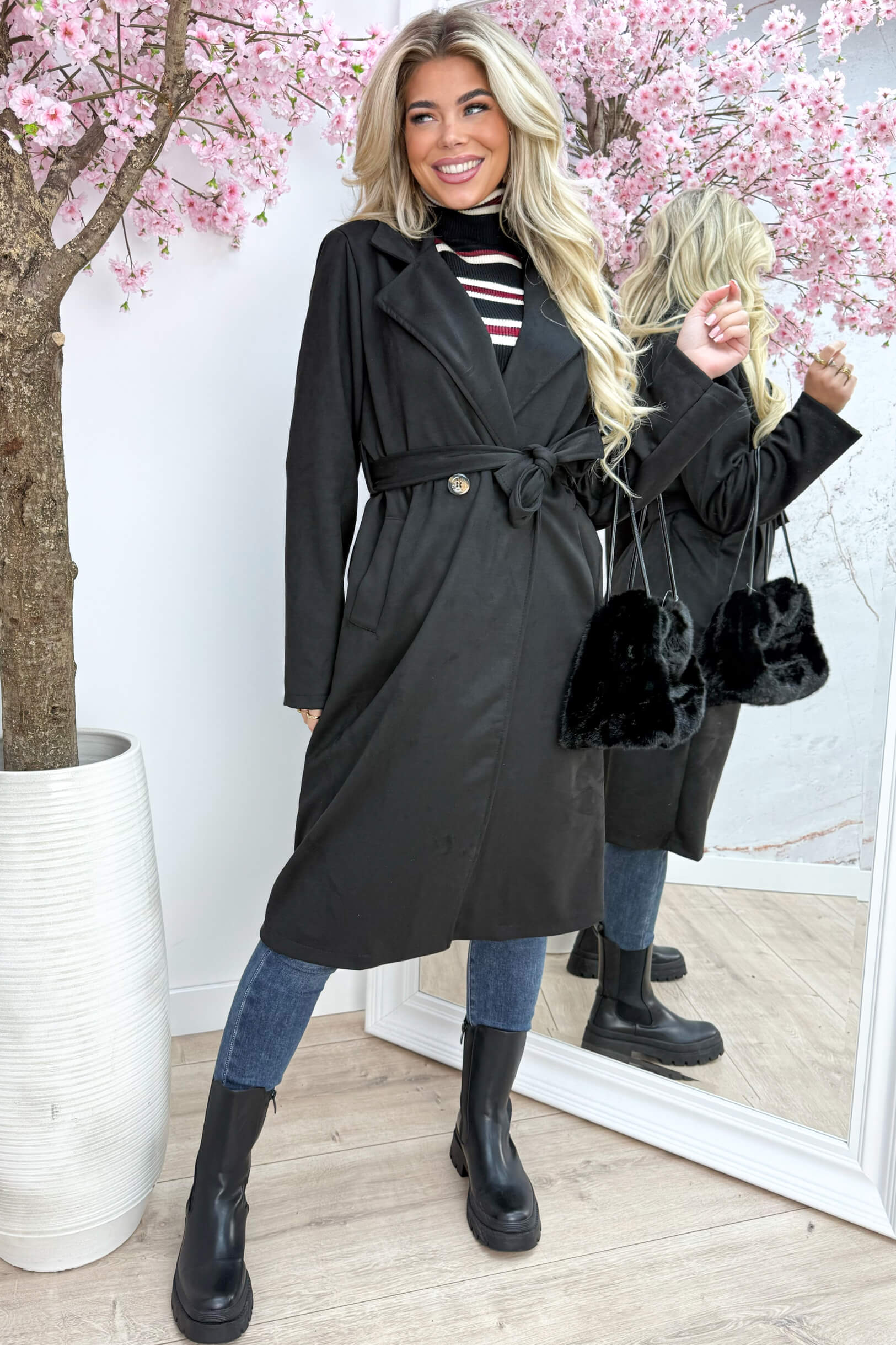Long suede trenchcoat - Zwart