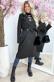 Long suede trenchcoat - Zwart