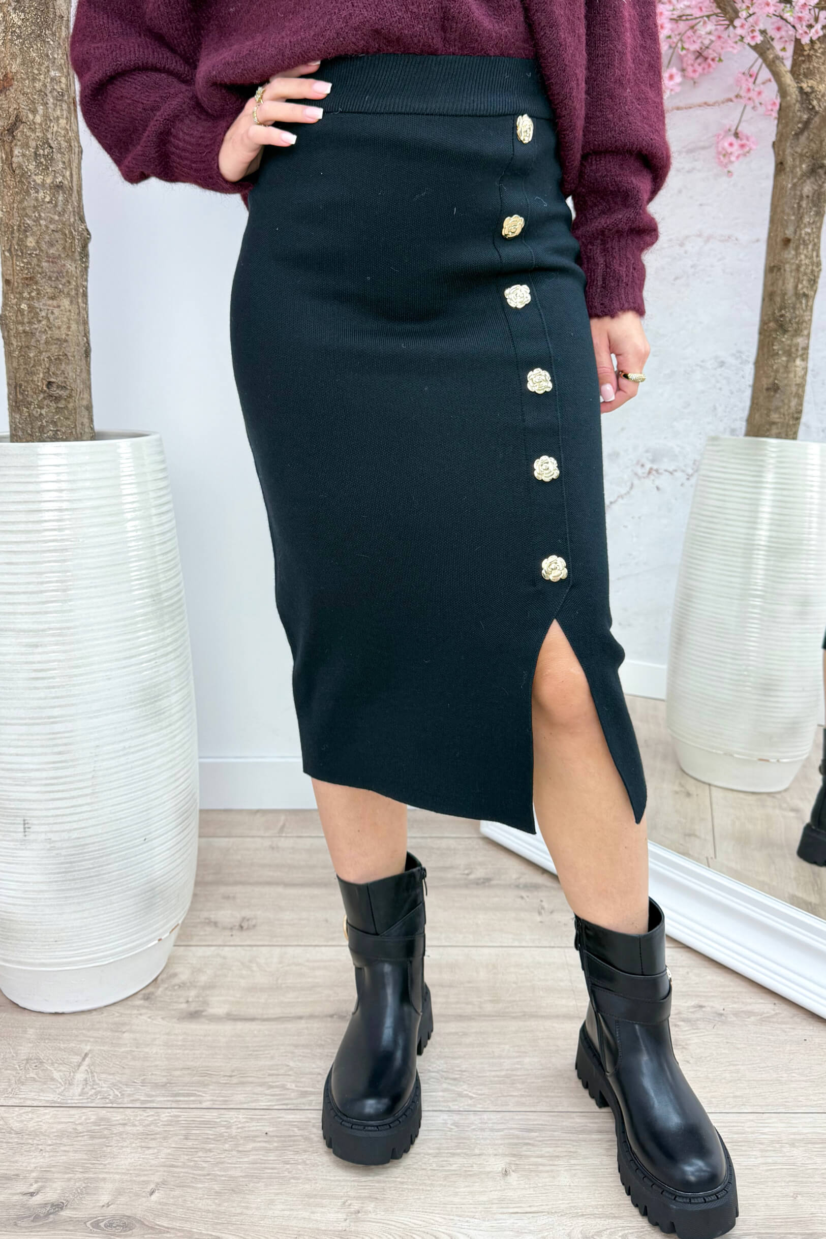 Gold rose button split skirt - Zwart