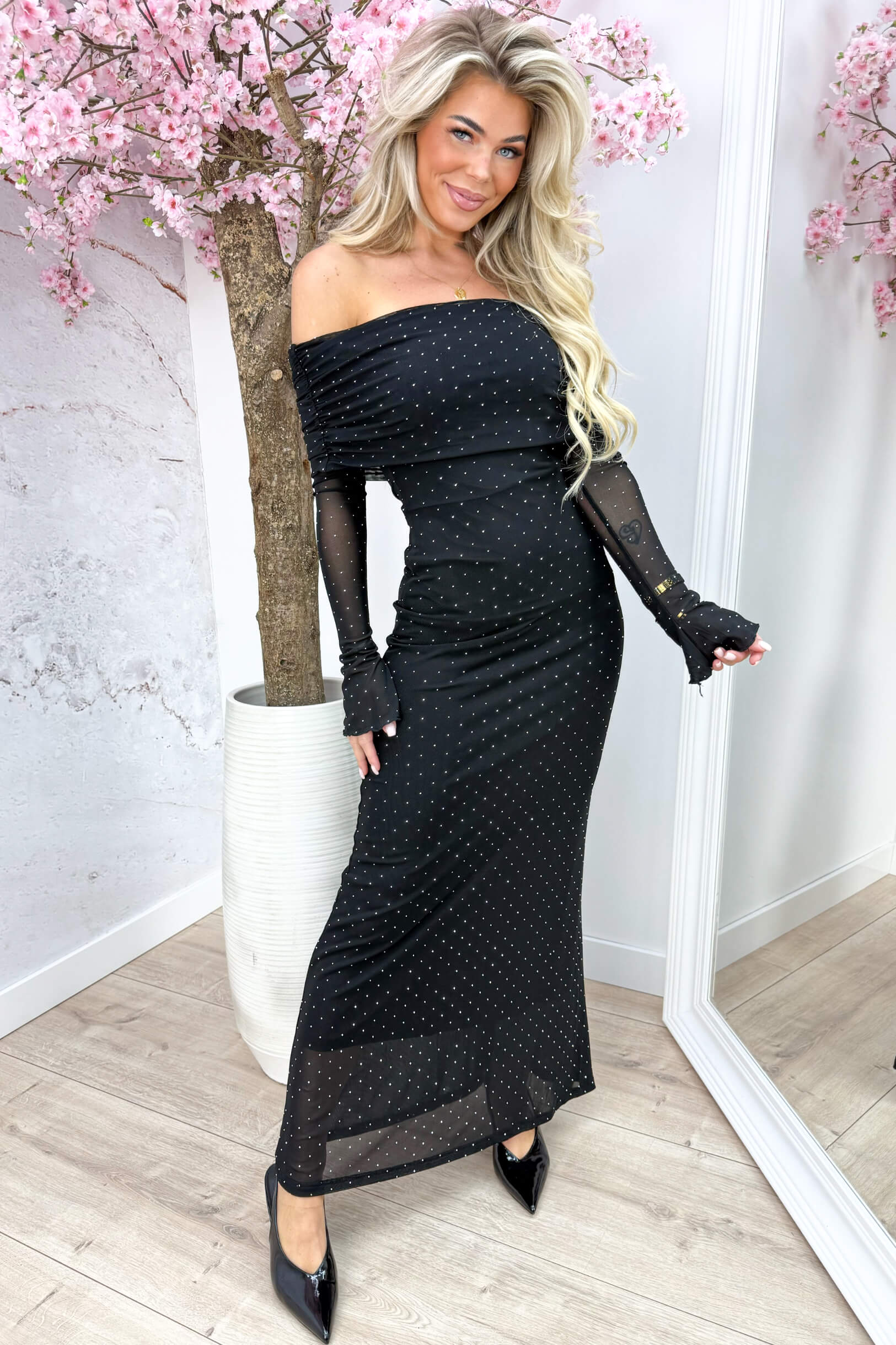 Diamond off shoulder maxi dress - Zwart
