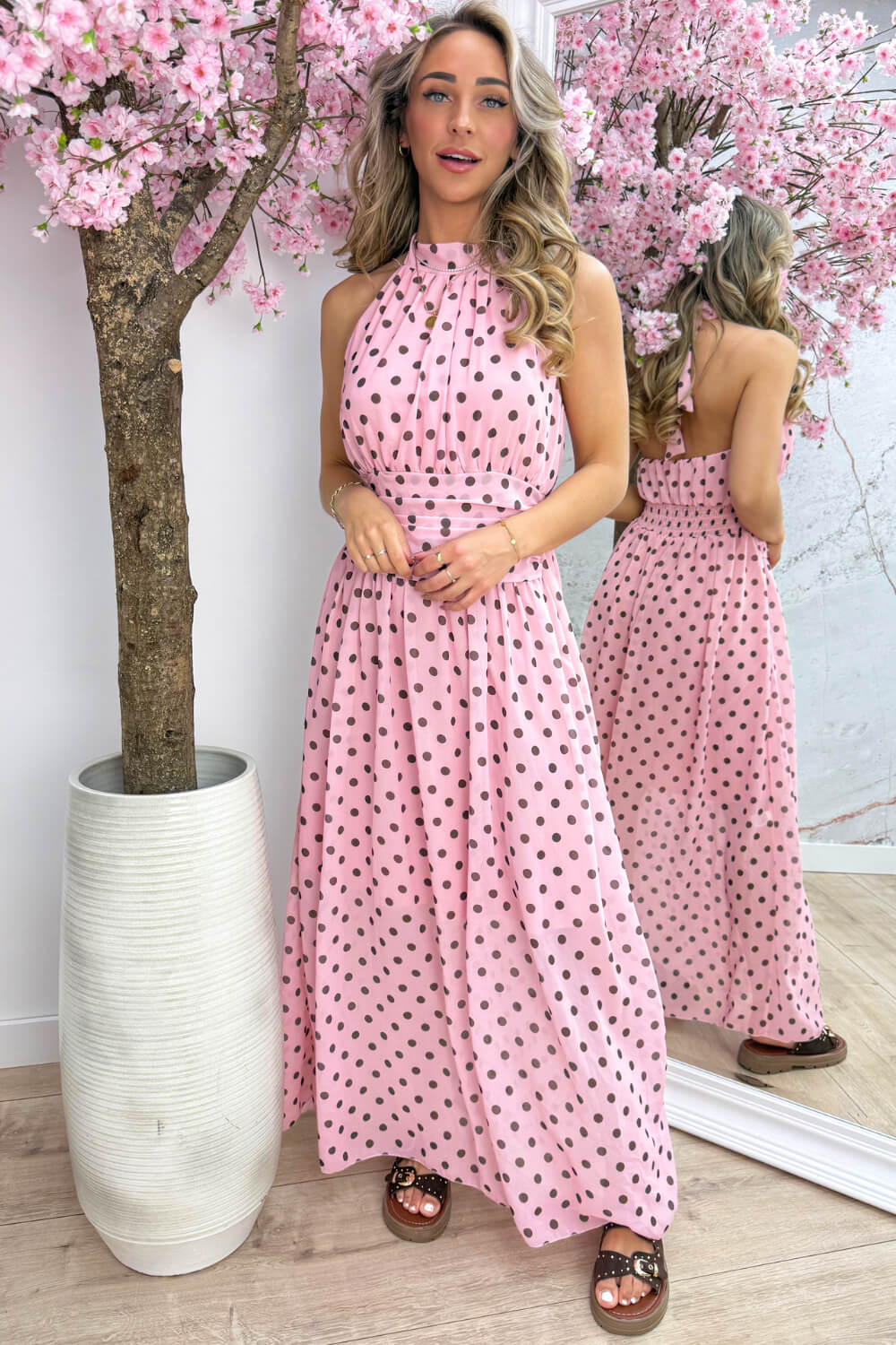 Polkadot halter maxi dress - Roze