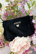 Amour ruffle suede make-up bag - Zwart