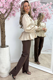 Cotton flairy blouse (Incl. riem) - Beige