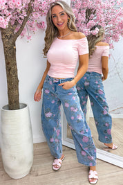 Draped off shoulder topje - Roze
