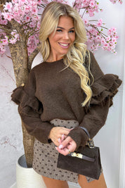 Ruffle romance knitted trui - Bruin