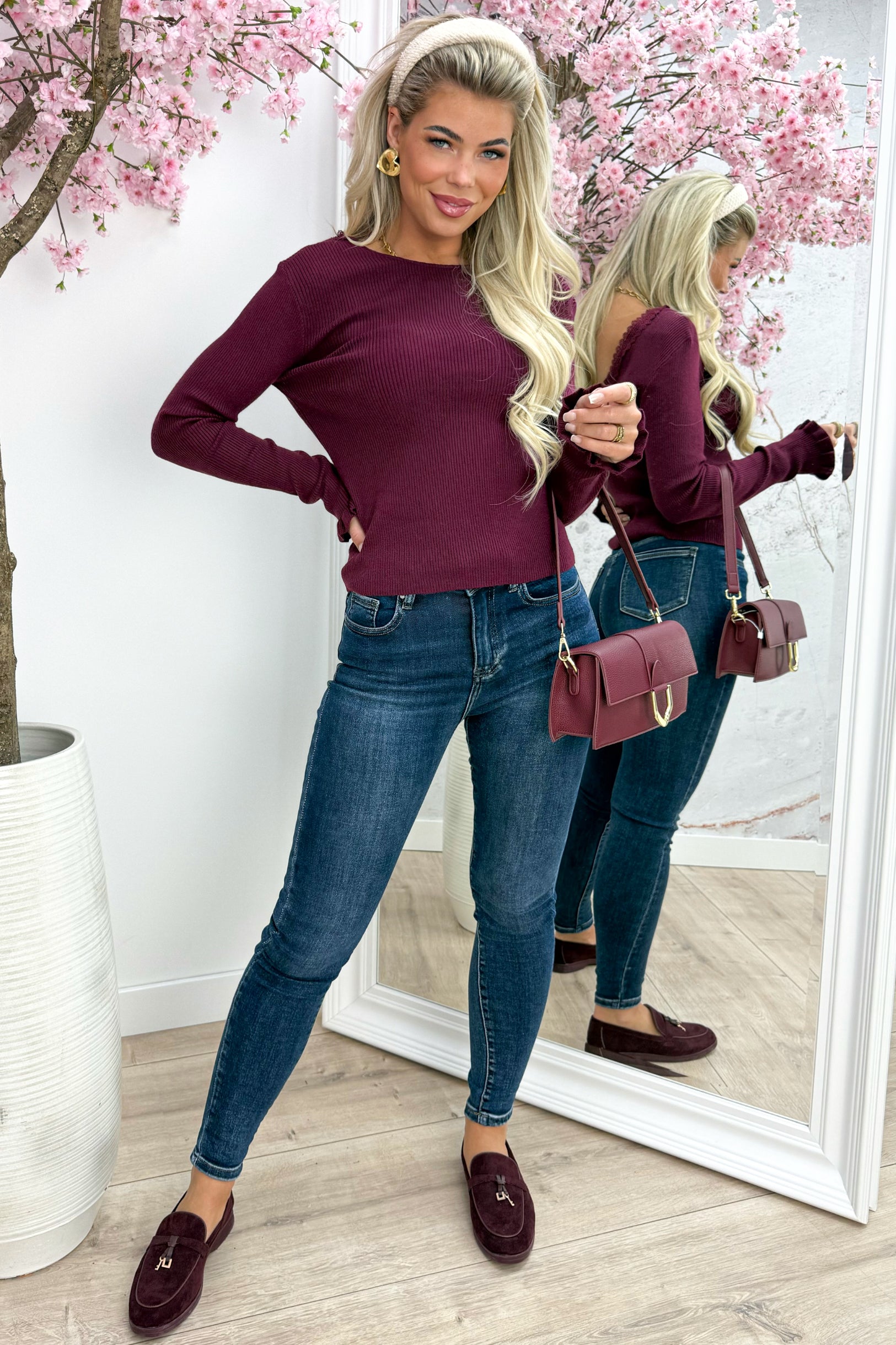 Ribbed open back lace topje - Dk. paars