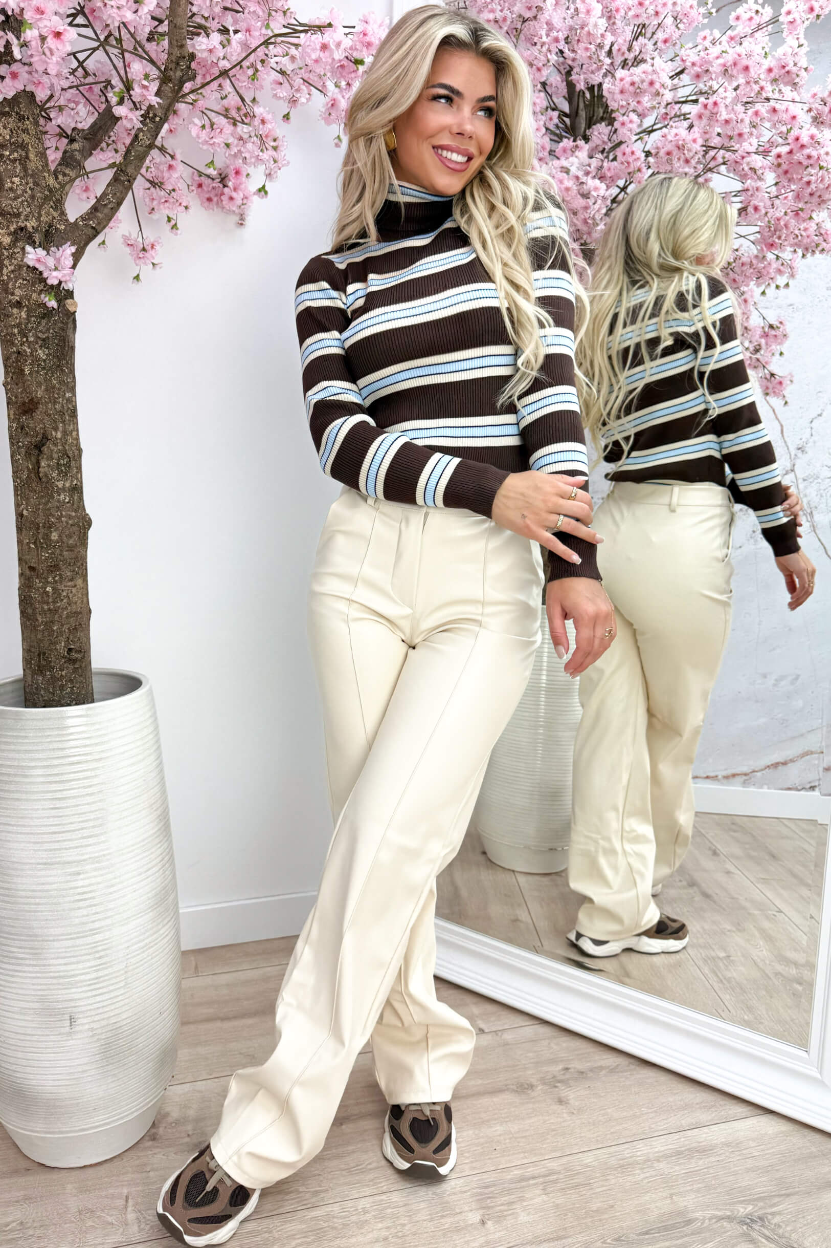 Stripe ribbed coll topje - Bruin