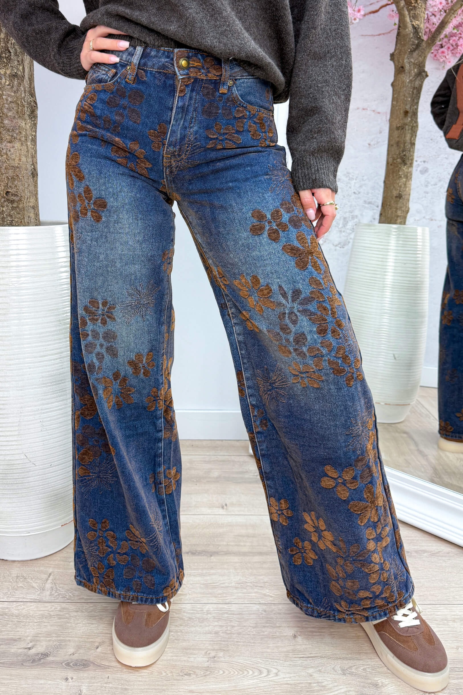 Suede flowers wide leg jeans - Jeans blue