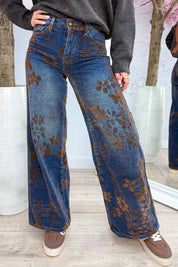 Suede flowers wide leg jeans - Jeans blue