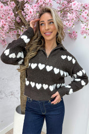 Hearts zipper trui - Bruin