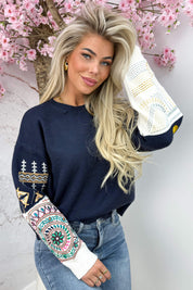 Aztec sleeve trui - Navy