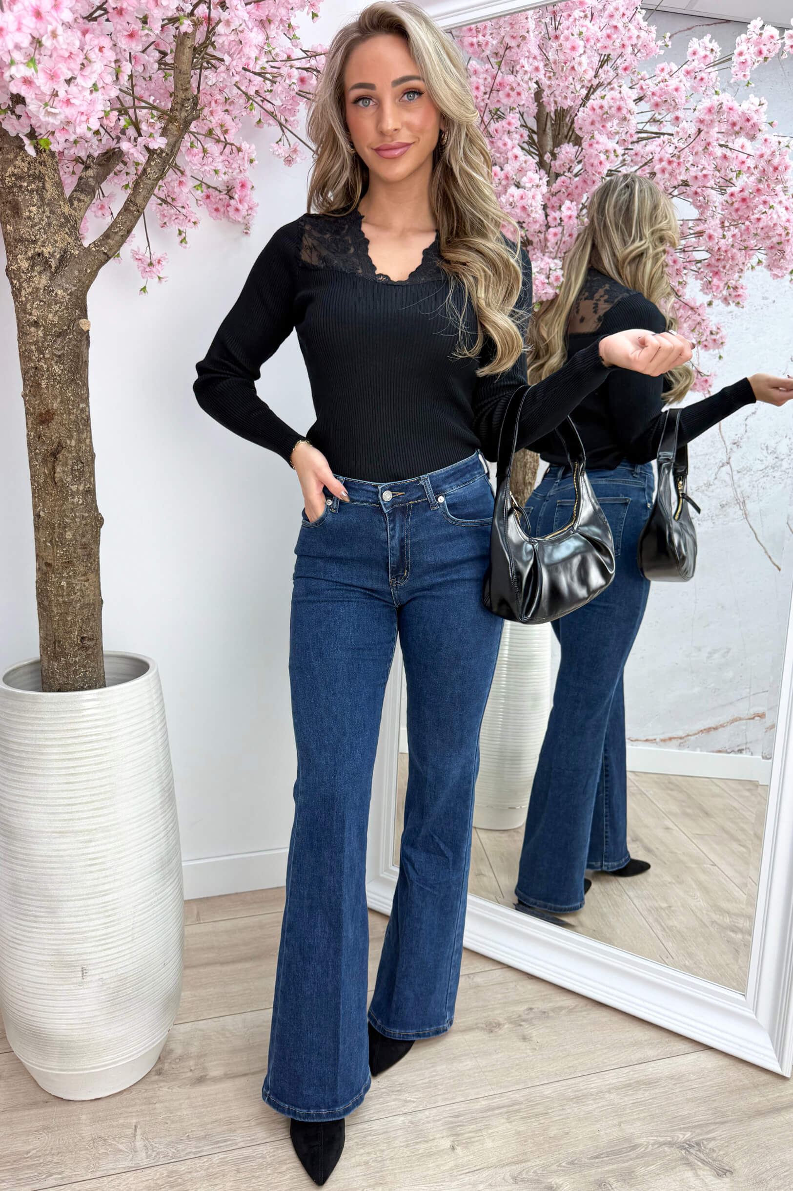 Touch of lace ribbed topje - Zwart