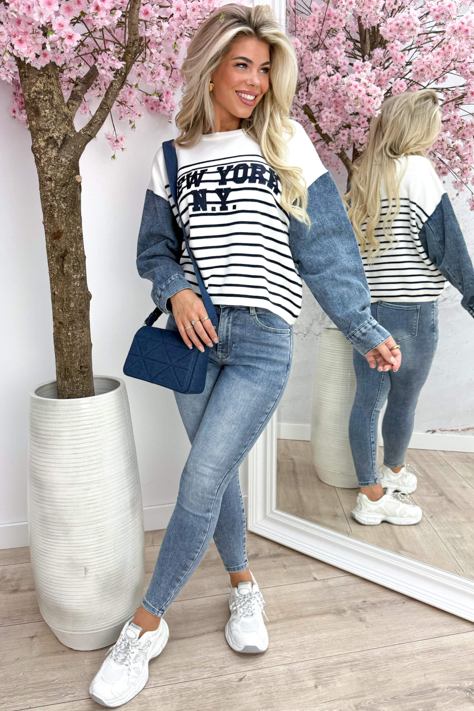 Ney Work Denim Sleeve Trui - White