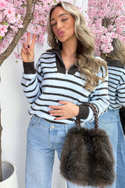 Striped zipper trui - Sky blue