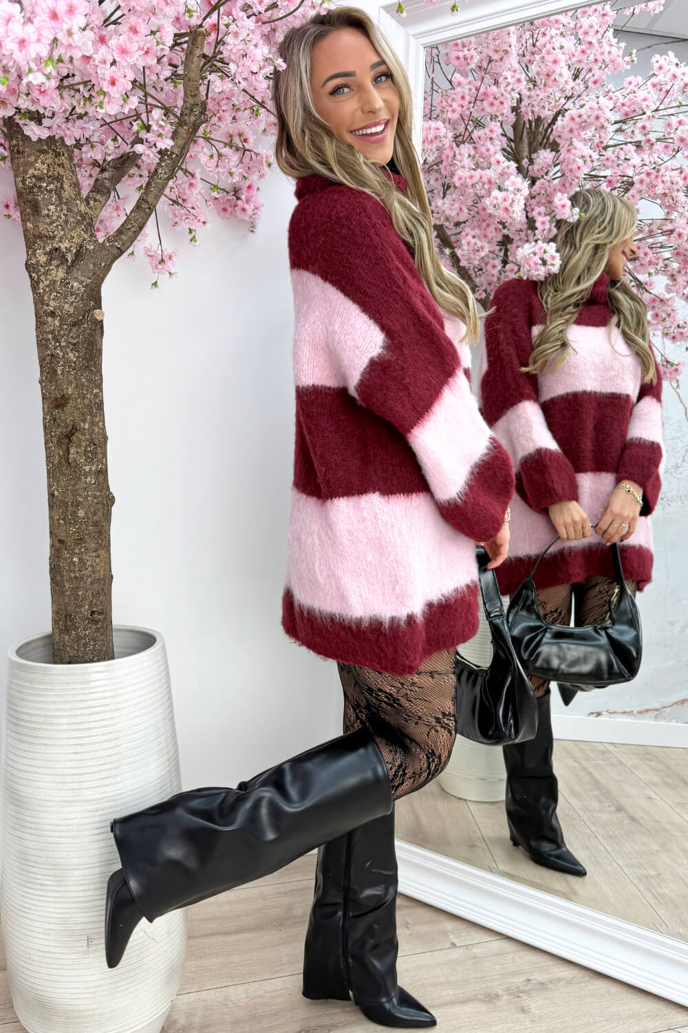 Soft and striped coll dress - Bordeaux