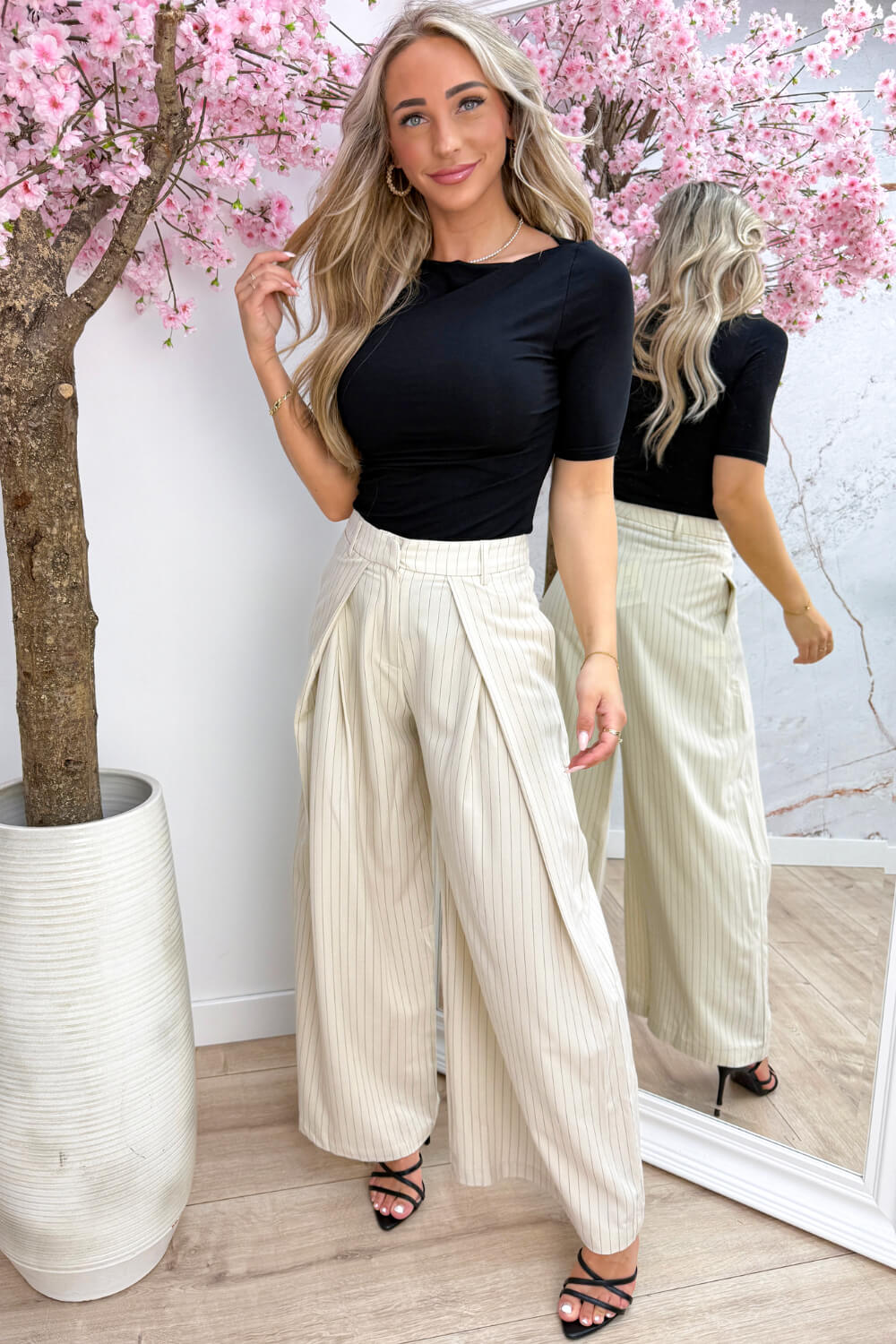 Pleated wide leg stripe pantalon - Beige