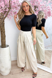 Pleated wide leg stripe pantalon - Beige