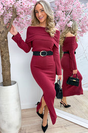 Off shoulder knitted maxi dress - Bordeaux