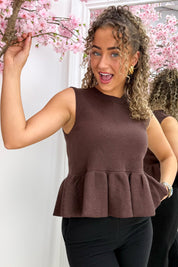 Soft ribbed peplum topje - Bruin
