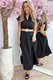 Cotton elegance maxi dress (Incl. riem) - Zwart